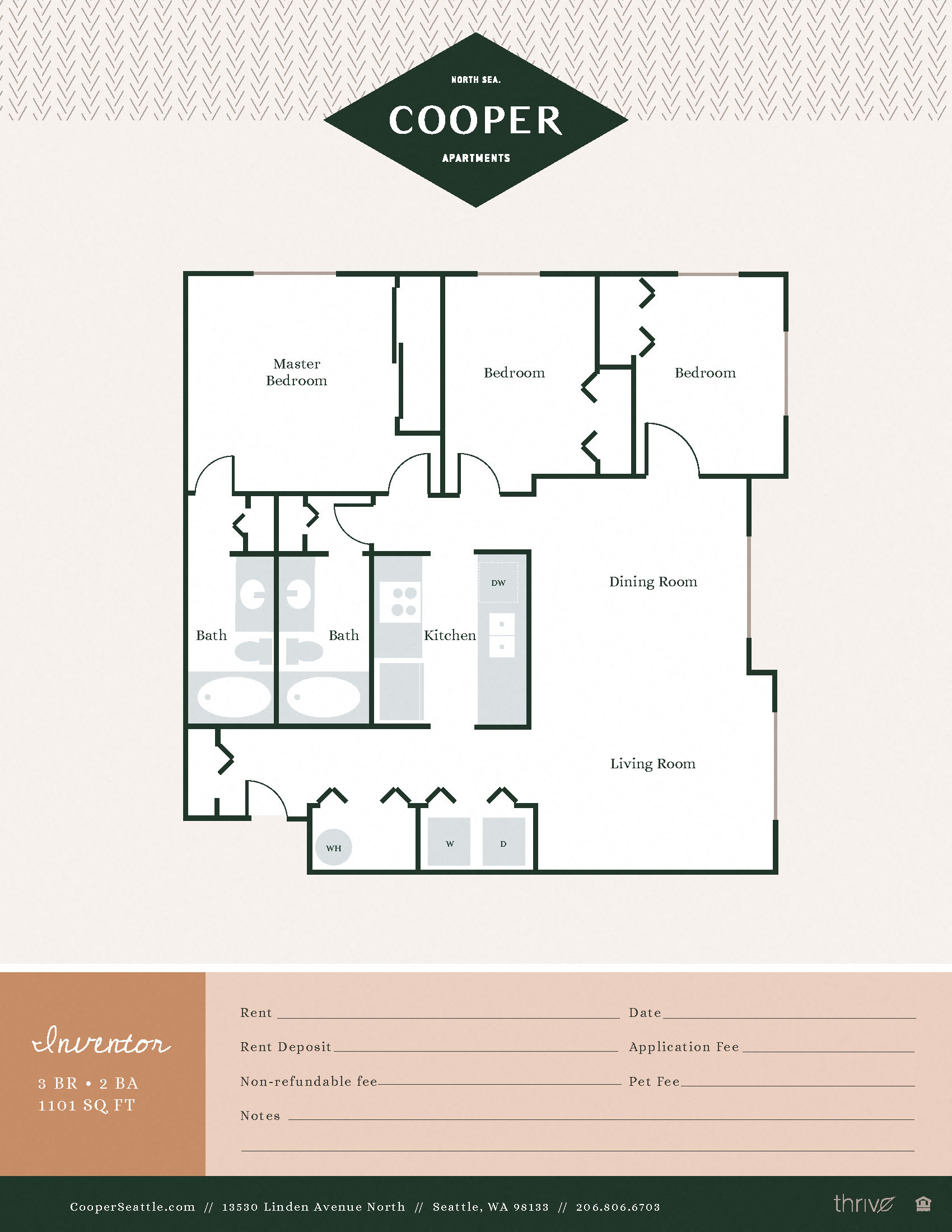 Floor plan for 3 beds, 2 baths, 1101 sqft